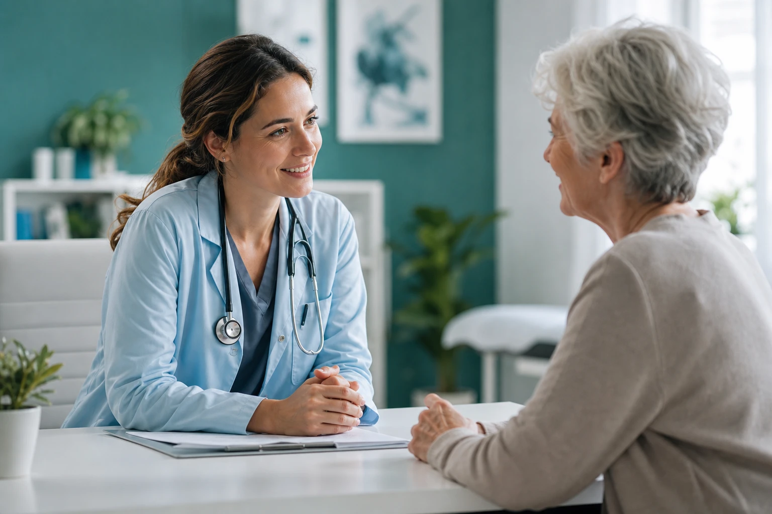 A doctor discussing care options with a patient in a bright clinic