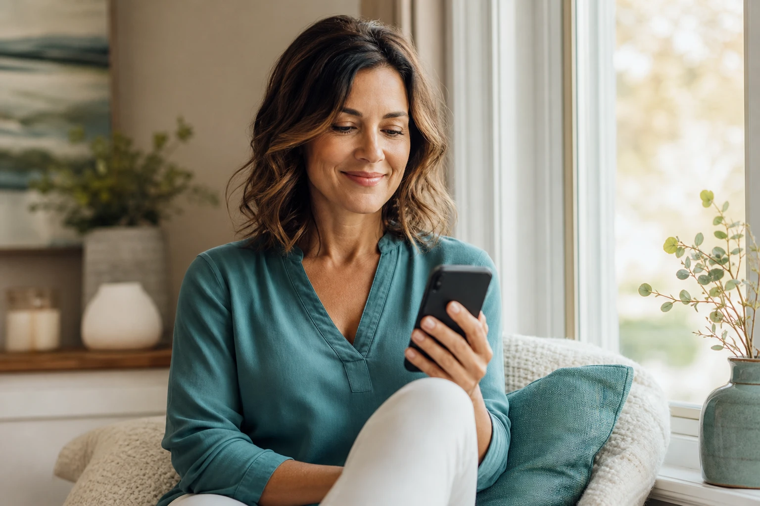 A woman comfortably exploring her healthcare options at home